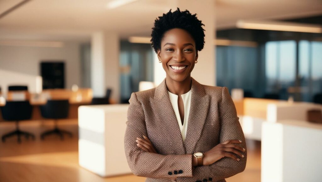 Mulher sorrindo em um escritório